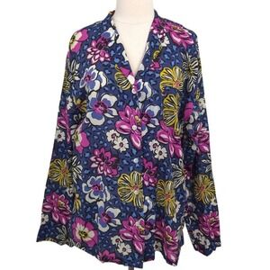 Vera Bradley Blue Purple‎ Yellow Floral African Violet Cotton Pajama Top- XL